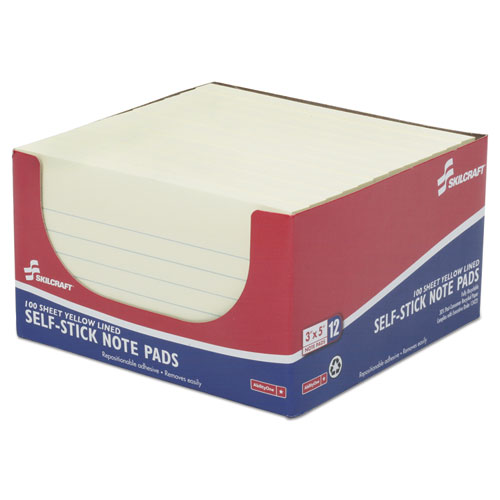 7530013464849, SKILCRAFT Self-Stick Note Pad, Note Ruled, 3" x 5", Yellow, 100 Sheets/Pad, 12 Pads/Pack