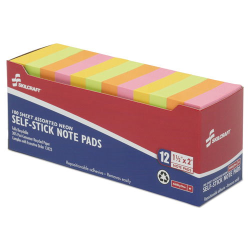 7530013857560, SKILCRAFT Self-Stick Note Pads, 1.5" x 2", Assorted Neon Colors, 100 Sheets/Pad, 12 Pads/Pack