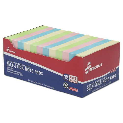 7530013982660, SKILCRAFT Self-Stick Note Pad Set, 2" x 3", Assorted Colors, 100 Sheets/Pad, 12 Pads/Pack