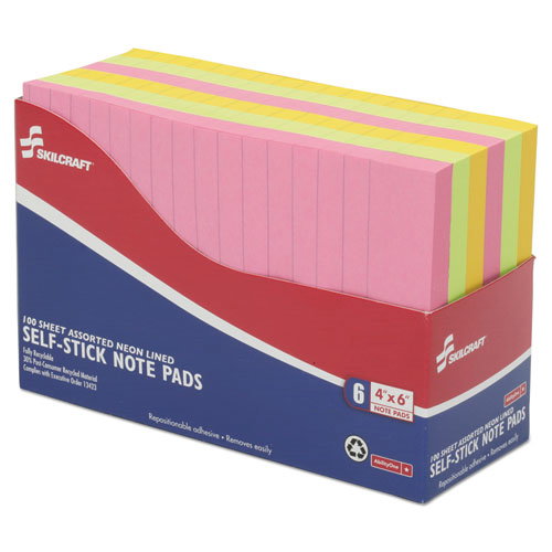 7530014181212, SKILCRAFT Self-Stick Note Pads, Note Ruled, 4" x 6", Assorted Neon Colors, 100 Sheets/Pad, 6 Pads/Pack