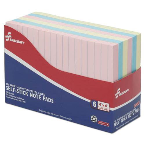7530014560684, SKILCRAFT Self-Stick Note Pad Set, Note Ruled, 4" x 6", Assorted Colors, 100 Sheets/Pad, 6 Pads/Pack