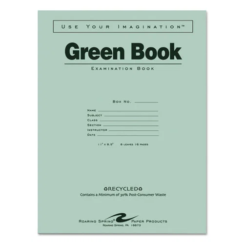 Green Books Exam Books, Wide/Legal Rule, Green Cover, (8) 11 x 8.5 Sheets