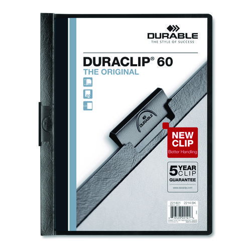 DuraClip Report Cover, Clip Fastener, 8.5 x 11, Holds 60 Sheets, Clear/Black, 25/Box