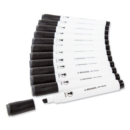 Chisel Tip Low-Odor Dry-Erase Markers with Erasers, Broad Chisel Tip, Black, Dozen