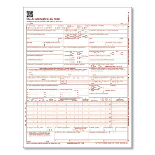 CMS Health Insurance Claim Form, One-Part (No Copies), 8.5 x 11, 100 Forms Total