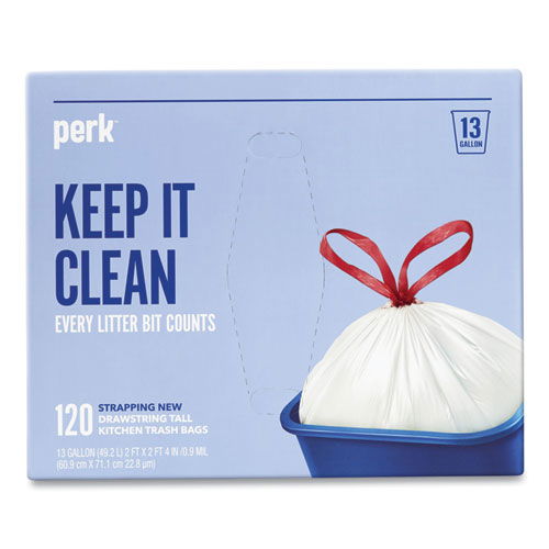 Drawstring Tall Kitchen Trash Bags, 13 gal, 28" x 24", White, 120/Box