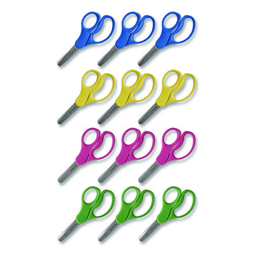 Kids' Blunt Tip Stainless Steel Safety Scissors, 5" Long, 2.05" Cut Length, Straight Assorted Color Handles, 12/Pack