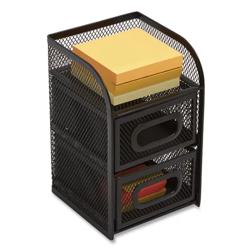 Three Compartment Wire Mesh Accessory Holder, 2 Drawers, 4.56 x 4.72 x 7.2, Black