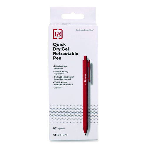 Quick Dry Gel Pen, Retractable, Medium 0.7 mm, Red Ink, Red Barrel, Dozen