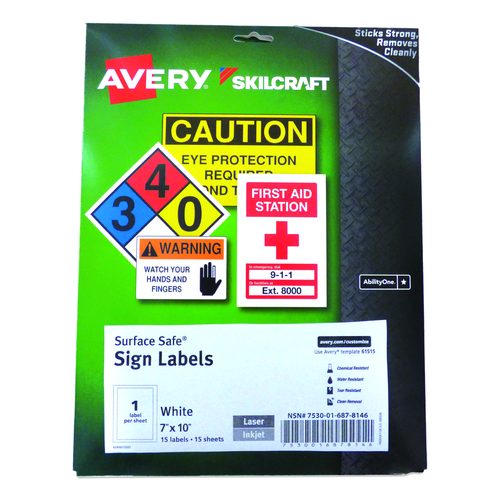 7530016878146, SKILCRAFT AVERY Surface Safe Sign Labels, 7 x 10, White, 1/Sheet, 15 Sheets/Box, 12 Boxes/Box