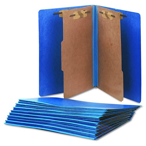 7530015567914, SKILCRAFT Pressboard Top Tab Classification Folder, 2 Dividers, 6 Fasteners, Letter Size, Dark Blue, 10/Box
