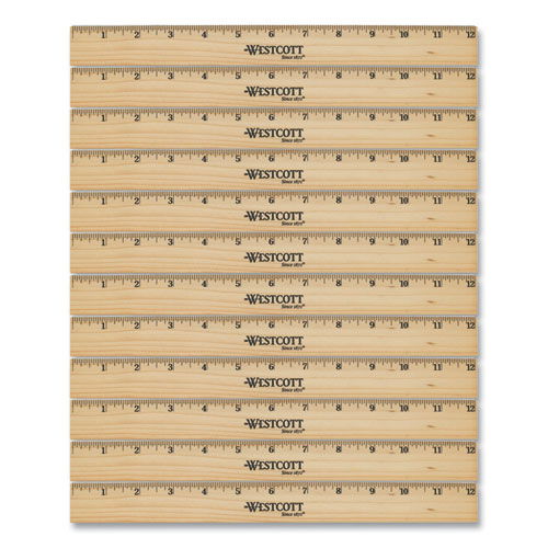 Beveled Wood Ruler, Standard, 12" Long, Natural Hardwood, 12/Pack