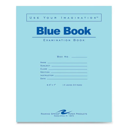 Examination Blue Book, Wide/Legal Rule, Blue Cover, (12) 8.5 x 7 Sheets