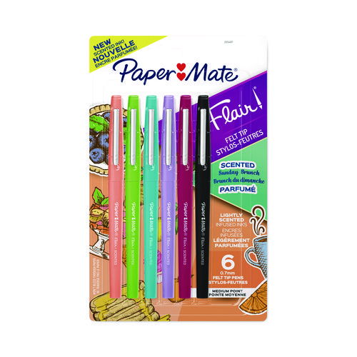 Flair Scented Felt Tip Porous Point Pen, Stick, Medium 0.7 mm, Sunday Brunch Scents, Assorted Ink and Barrel Colors, 6/Pack