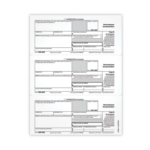 1099-NEC Tax Forms, Fiscal Year: 2021, One-Part (No Copies), 8.5 x 3.67, 3 Forms/Sheet, 50 Forms Total