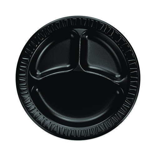 Quiet Classic Laminated Foam Dinnerware, 3-Compartment Plate, 9" dia, Black, 125/Sleeve, 4 Sleeves/Carton