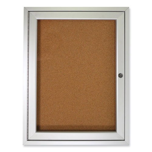 1 Door Enclosed Natural Cork Bulletin Board with Satin Frame, 18" x 24", Tan Surface, Satin Aluminum Frame
