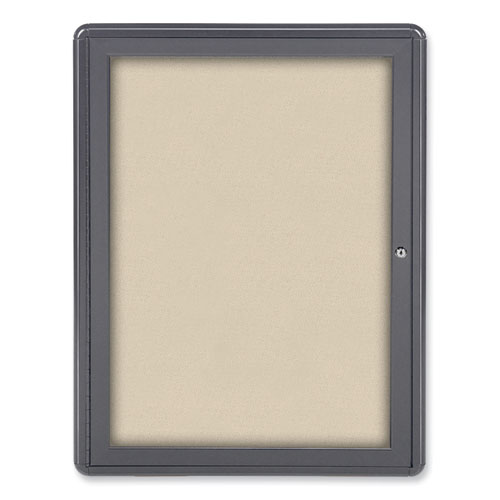 Ovation 1 Door Enclosed Fabric Bulletin Board, 24.13" x 33.75", Beige Surface, Powder-Coated Gray Aluminum Frame