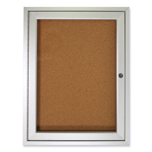 1 Door Enclosed Natural Cork Bulletin Board with Satin Frame, 24" x 36", Tan Surface, Satin Aluminum Frame