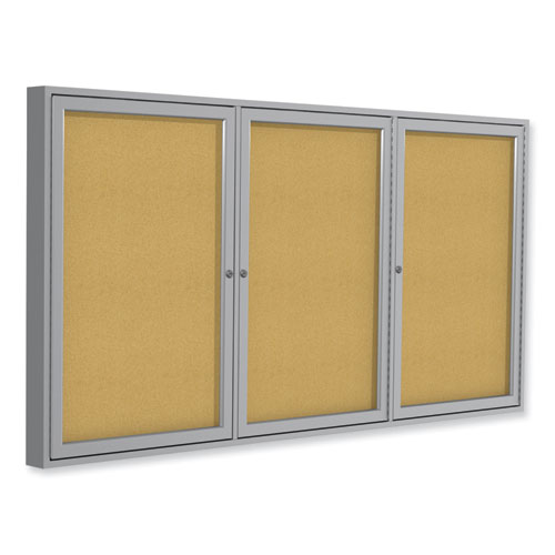 3 Door Enclosed Natural Cork Bulletin Board with Satin Frame, 96" x 48", Tan Surface, Satin Aluminum Frame