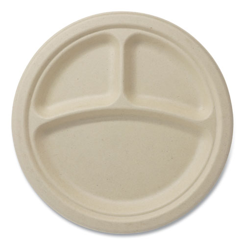 Fiber Plates, 3-Compartment, Paper, 9" dia, Natural, 1,000/Carton