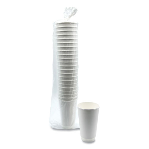 Paper Hot Cups, Double-Walled, 16 oz, White, 25/Pack