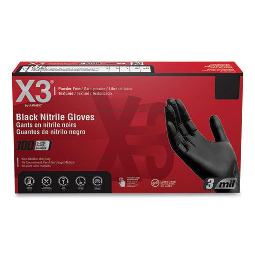 Industrial Nitrile Gloves, Powder-Free, Small, 3 mil Thick, 9.5" Long, Black, 100/Box, 10 Boxes/Carton