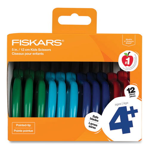 Kids Scissors Classpack, Pointed Tip, 5" Long, 1.75" Cut Length, Straight Assorted Color Handles, 12/Pack