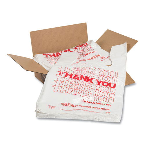 Thank You Bags, Thank You - Have a Nice Day Labeling, Cut-Out Handles, 11.5" x 6.5" x 20", White/Red, 775/Carton