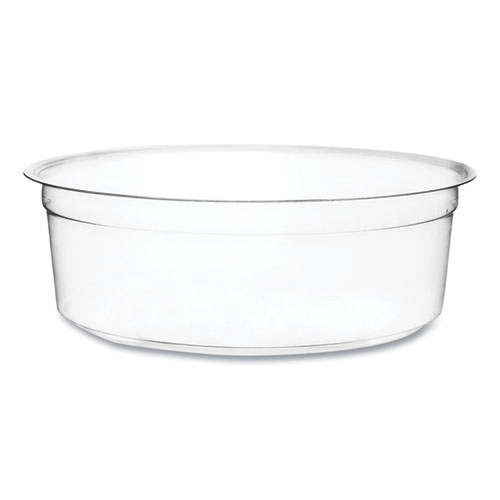 Round Deli Pots, Compostable, 8 oz, 4.6" Diameter x 1.5" h, Clear, Plastic, 500/Carton