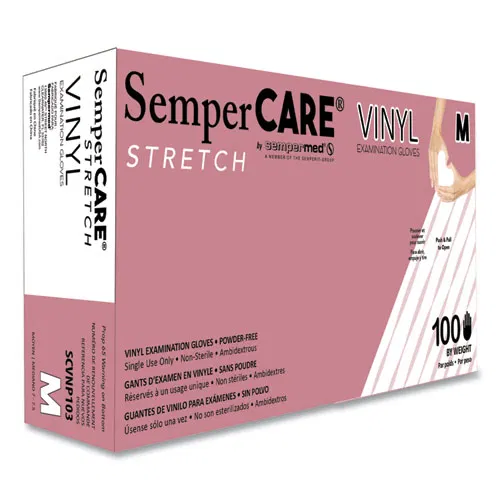 Stretch Vinyl Examination Gloves, Powder-Free, Medium, 5 mil Thick, 9.45" Long, Cream, 100/Box, 10 Boxes/Carton