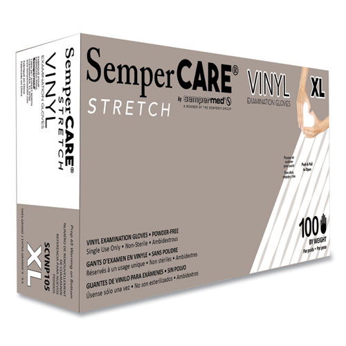 Stretch Vinyl Examination Gloves, Powder-Free, X-Large, 5 mil Thick, 9.45" Long, Cream, 100/Box