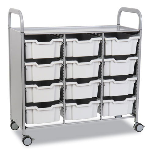 Callero Plus Treble Column Trolley Set 13, Metal, 1 Shelf, 12 F2 Deep Bins, 40.6" x 17.3" x 41.5", Silver/Light Gray