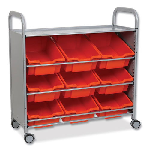 Callero Tilted Tray Trolley Set 01, Metal, 1 Shelf, 9 F2 Deep Bins, 40.6" x 17.3" x 41.5", Silver/Flame Red
