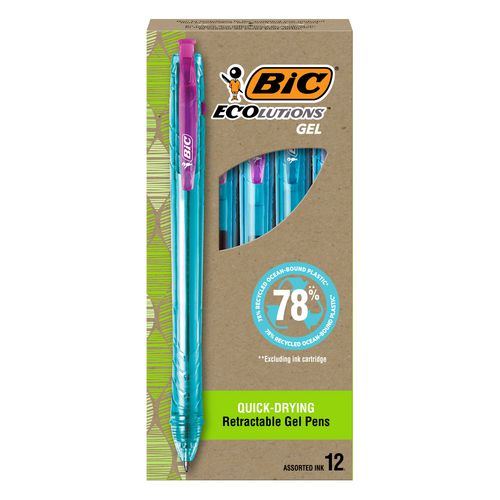 Ecolutions Gel Pen, Retractable, Medium 1 mm, Assorted Ink Colors, Blue Barrel, Dozen