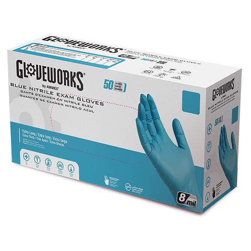 Blue Nitrile Exam Gloves, Powder-Free, Medium, 8 mil Thick, 11.6" Long, Blue, 50/Box, 10 Boxes/Carton