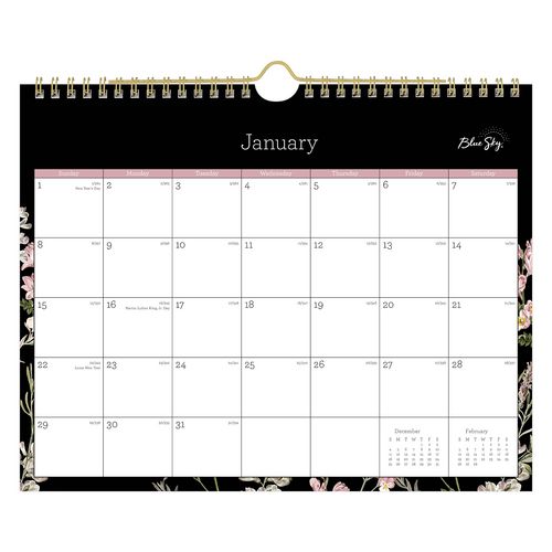 Neveah Monthly Wall Calendar, Floral Artwork, 11" x 8.75", White/Black/Pink Sheets, 12-Month (Jan to Dec): 2026