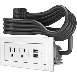 Legrand Furniture Power 2-Outlet with USB-A Unit -10' Cord- White - 125 V AC / 15 A Rectangular Flange Mount, Tabletop