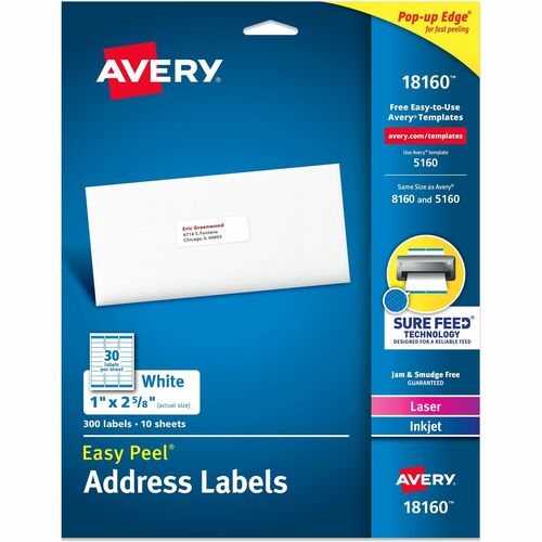 Avery Address Labels, Easy Peel, 1" x 2-5/8", Matte White, Permanent Adhesive, Sure Feed, Inkjet/Laser, 300 Labels, 10/PK