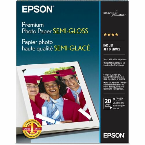 Epson Premium Semi-Gloss Photo Paper - 93 Brightness - 97% Opacity - Letter - 8 1/2" x 11" - 68 lb Basis Weight - Semi-gloss - White - 20 / Pack