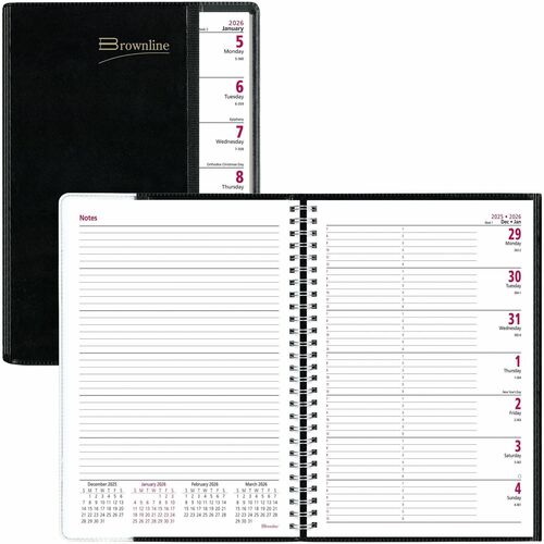 Brownline Pre-View Weekly Planner - Weekly - 12 Month - 7:00 AM to 6:00 PM - Hourly - 1 Week Double Page Layout - 6 3/4" x 8 1/2" Sheet Size - Twin Wire - Black - Vinyl - Address Directory - 1 Each