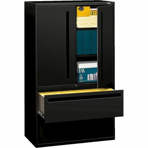 HON Brigade 700 Series Lateral File - 2-Drawer - 42" Width x 18" Depth x 64.3" Height - 2 x Shelf(ves) - 2 x Drawer(s) for File - 2 x Door(s) - A4, Legal, Letter - Lateral - Scratch Resistant, Interlocking - Black - Steel - Recycled - 1 Each
