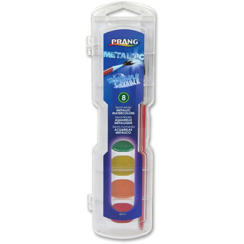 Dixon Metallic Washable Watercolor Set, Semi-Moist, 8 Colors, 0.10 fl oz, No 9 Wood Brush, AP Nontoxic