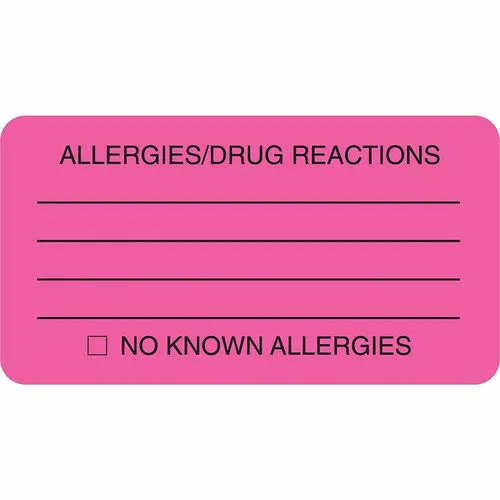 Tabbies Medical Alert Labels, Allergy/Drug Reaction, 3.25" x 1.75", Fluorescent Pink, 250/RL