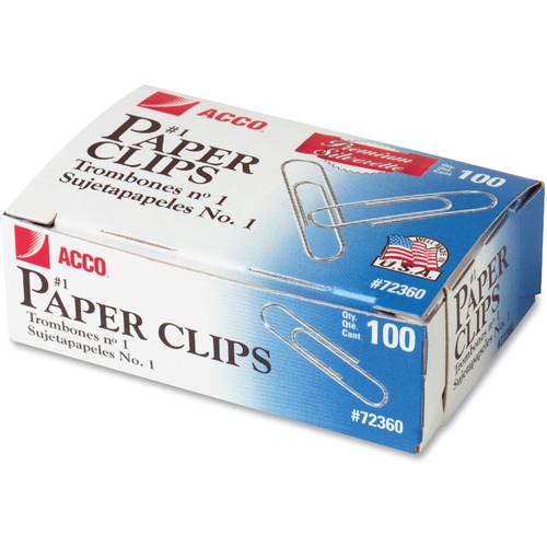 ACCO Premium Paper Clips - No. 1 - 10 Sheet Capacity - Galvanized, Corrosion Resistant - Silver - Metal, Zinc Plated - 100/Box - 10 / Pack