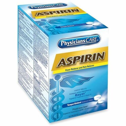 PhysiciansCare Aspirin Tablets, Pain Reliever, Individually Wrapped, 2/Packet, 50/Box, for Headache, Toothache