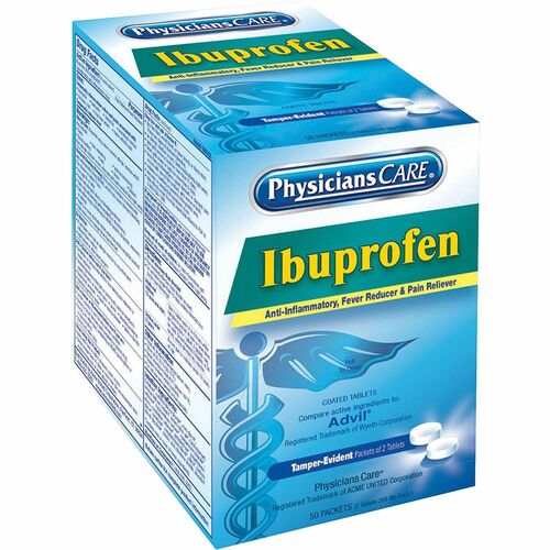 PhysiciansCare Ibuprofen Tablets, Single-Dose, 2/Packet, Individually Wrapped, 50/Box