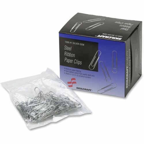 SKILCRAFT Paper Clips - No. 1 - 1000 / Box - Silver - Steel