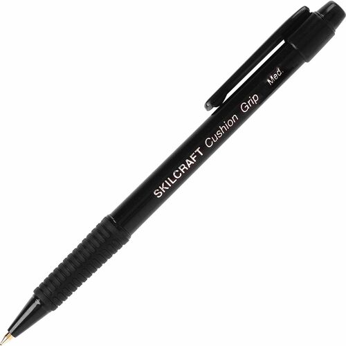 SKILCRAFT Retractable Cushion Grip Ballpoint Pen - Medium Pen Point - Refillable - Retractable - Black - 1 Dozen