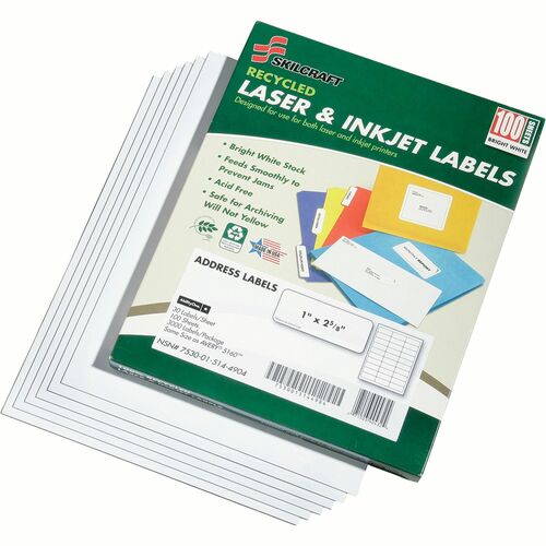 SKILCRAFT Permanent Laser Address Label - 2 5/8" x 1" Length - Permanent Adhesive - Rectangle - Laser, Inkjet - White - 30 / Sheet - 3000 / Box - Chlorine-free, Lignin-free